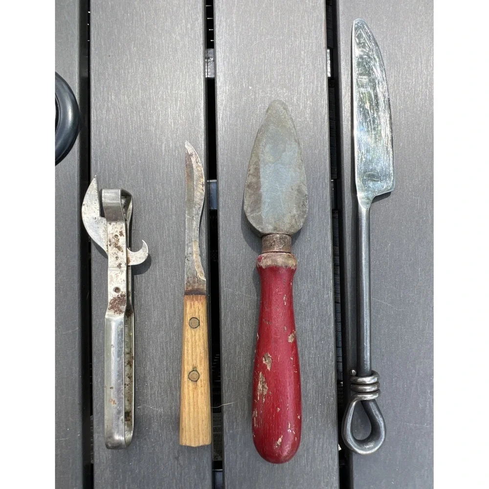 Lot Of 4 Vtg Antique Kitchen Gadgets Utensils Knifes Can Opener Sharpening Stone
